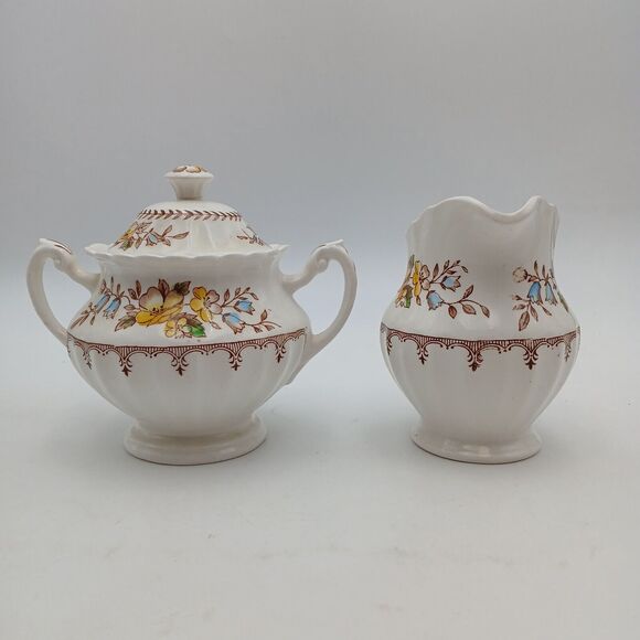 J & G Meakin Braemar Creamer & Sugar Bowl England scalloped floral Classic White - Picture 3 of 14